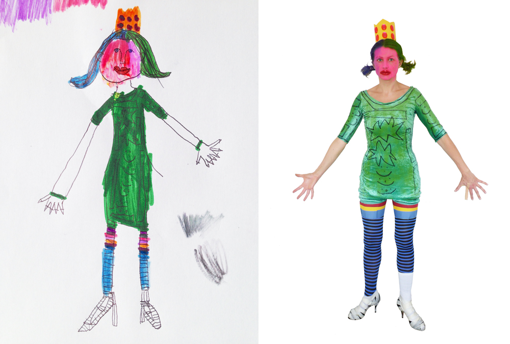 A girl in a green dress, with green hair and a red face