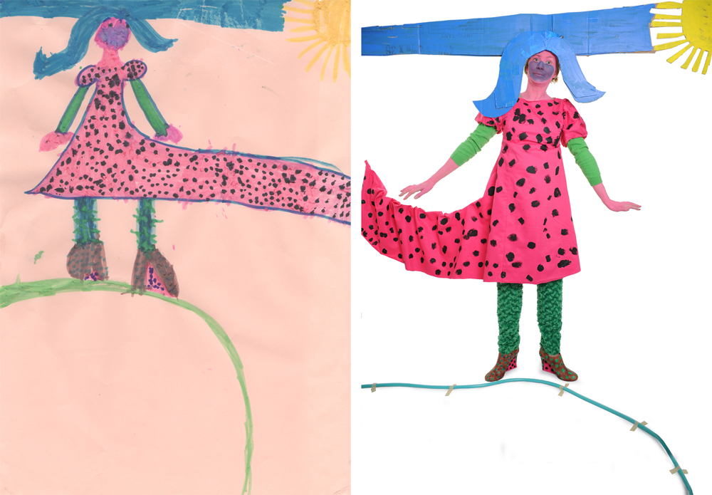 A drawing - lady with blue hair, in a pink dress and green leggings, beside it, a photo likeness