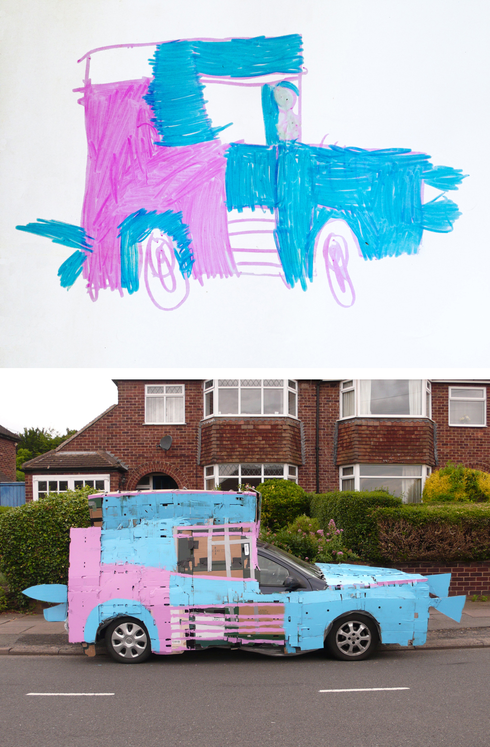 A pink and blue vehicle