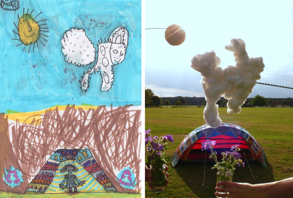 Drawing of a landscape, a tent with occupant, sun and cloud in the sky. Alongside, a photo re-enactment.