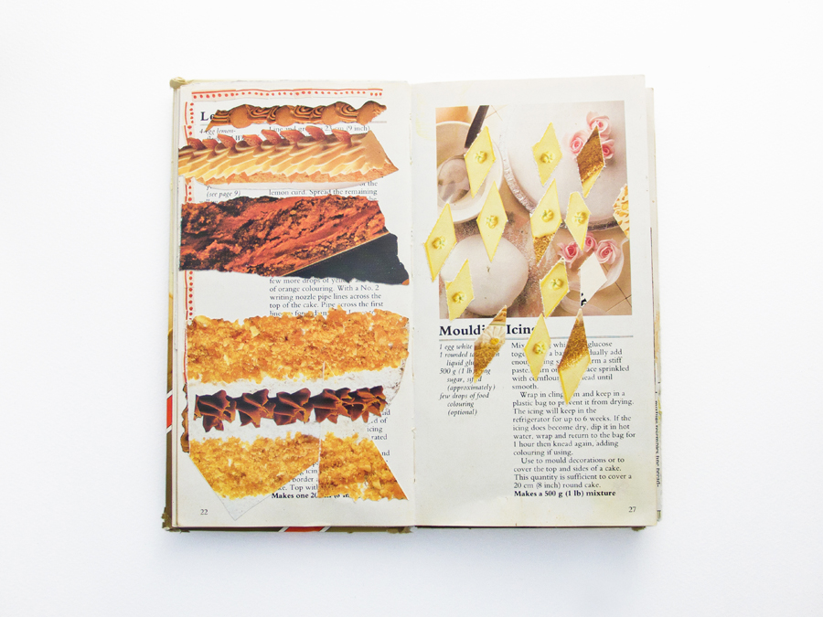 A double page spread of a recipe book which has cut out lines of icing applied to the left page and diamond shaped torn outs of icing applied to the righ hand page.