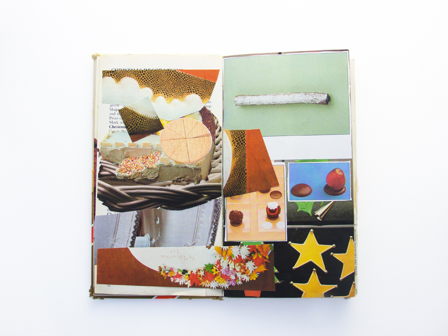 An abstract collage on a double page spread of a book featuring glace cherries on a bluerectangular background, a plaited piece of white woven basket and some yellow five pointed stars.