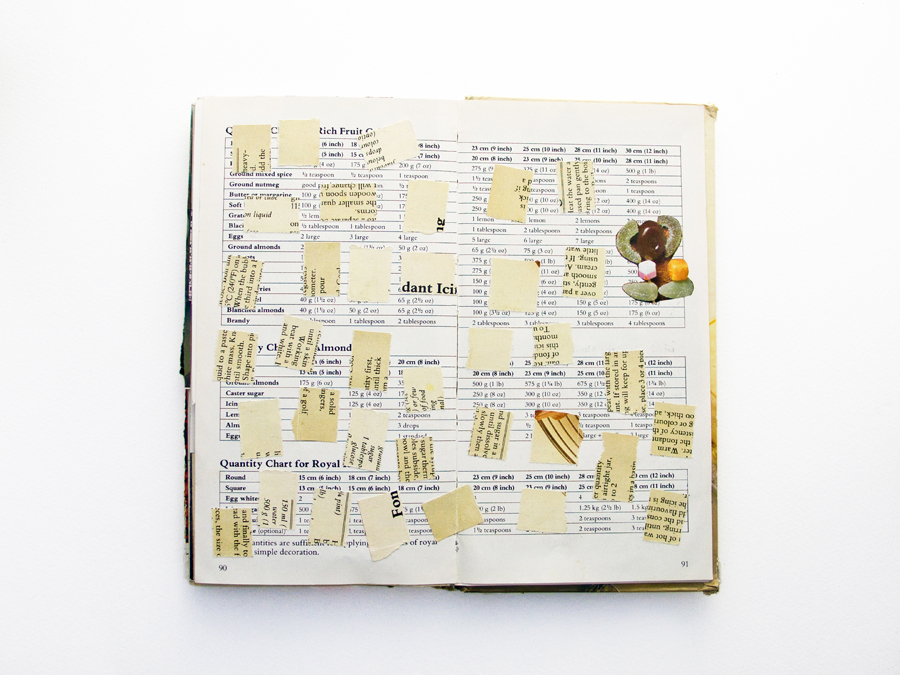 A white double page spread of a recipe book where the text has been obscured in places by rectangles of torn off white yellow recipe book pages. There is a small cluster of jelly sweets cut out and afixed two thirds of the way up the right hand page.