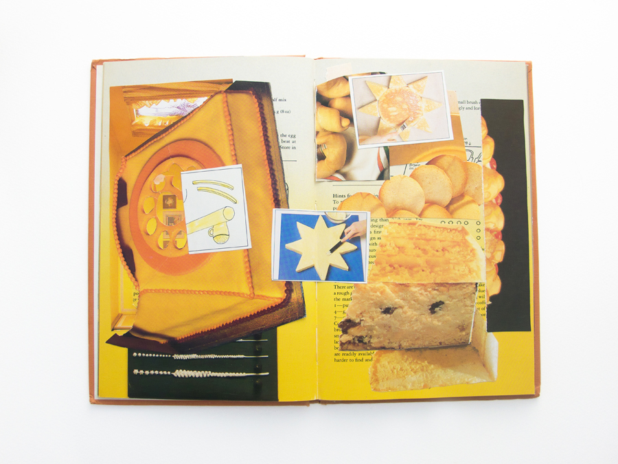 A mostly yellow double page spread of a recipe book with snippets of other pages of recipe books afixed in a naive collage. The pages feature sponge cake, a yellow fondant telephone and some biscuits.