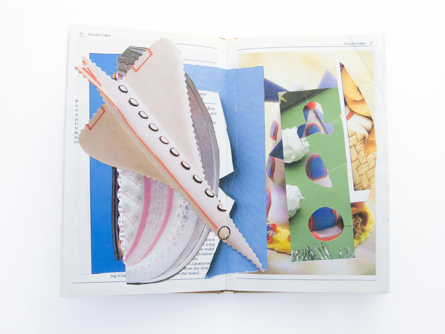 A double page spread of a recipe book mostly obscured with snippets of other pages of recipe books afixed in a naive collage. The snippets feature an aeroplane cut out with pinking shears, some wedding cake and sections of blue and green back grounds.